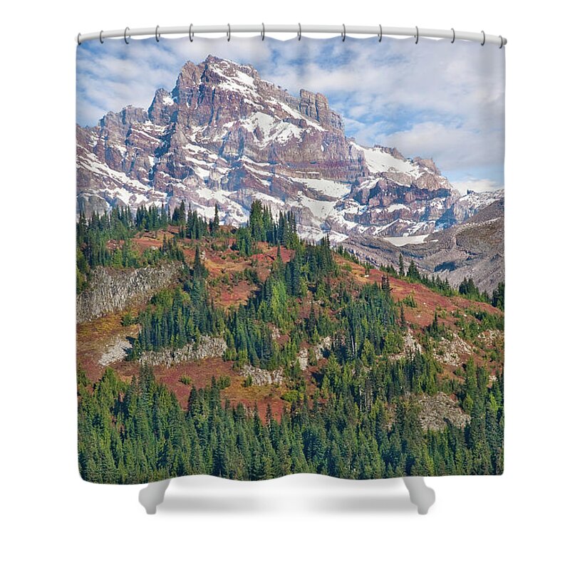 Autumn Shower Curtain featuring the photograph Little Tahoma Peak and Stevens Ridge in the Fall by Jeff Goulden