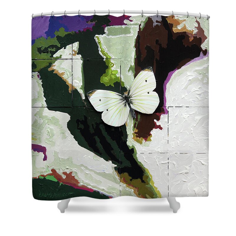 Butterfly Shower Curtain featuring the painting Little White Butterfly by John Lautermilch