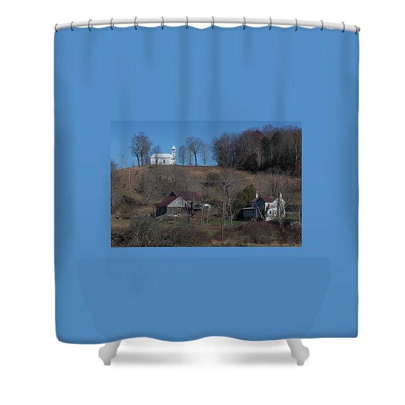 Photograph Shower Curtain featuring the photograph Little White Church on the Hill II by Suzanne Gaff