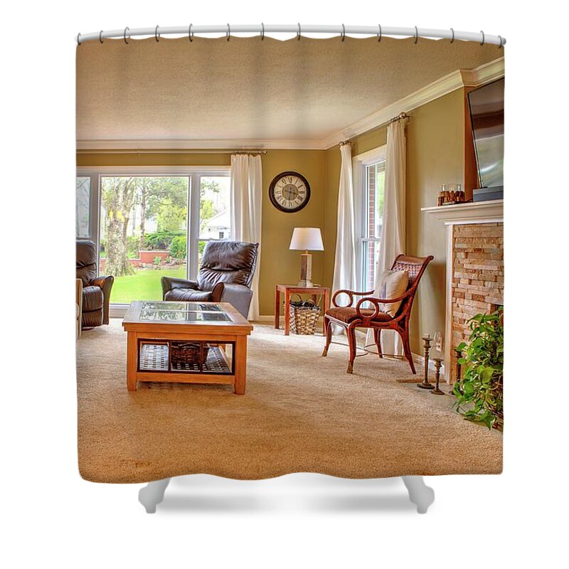 Living Room Shower Curtain featuring the photograph Living Room with fireplace by Jeff Kurtz