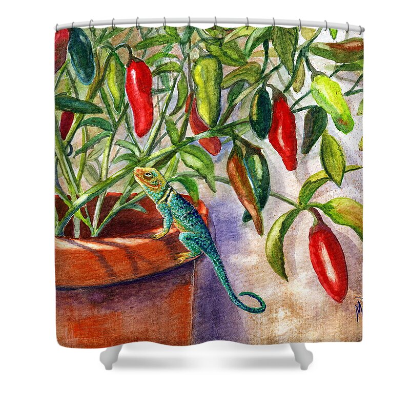 Jalapenos Shower Curtain featuring the painting Lizard In Hot Sauce by Marilyn Smith