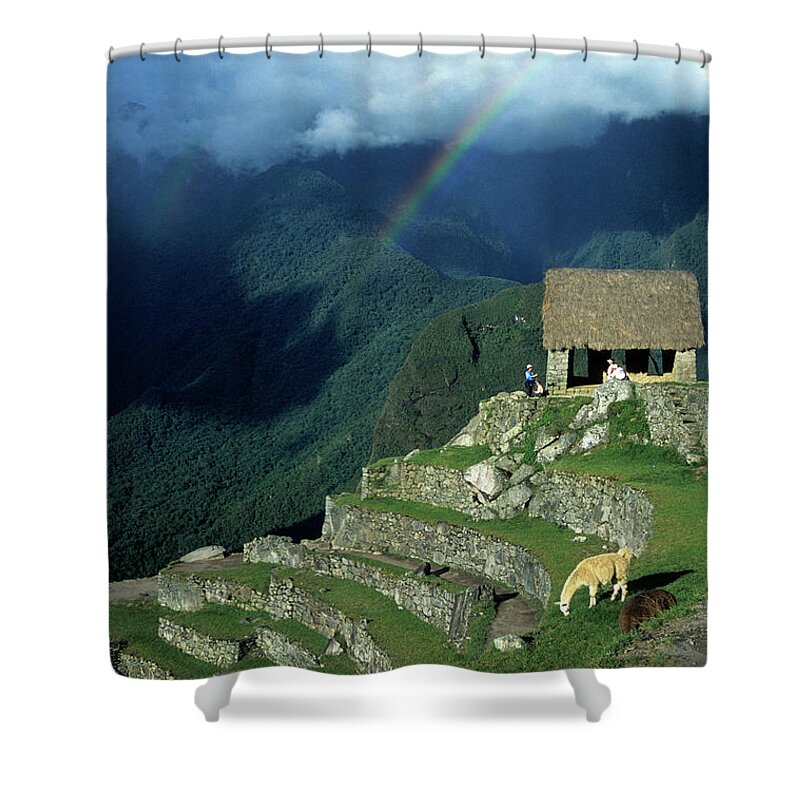 Machu Picchu Shower Curtain featuring the photograph Llama and rainbow at Machu Picchu by James Brunker