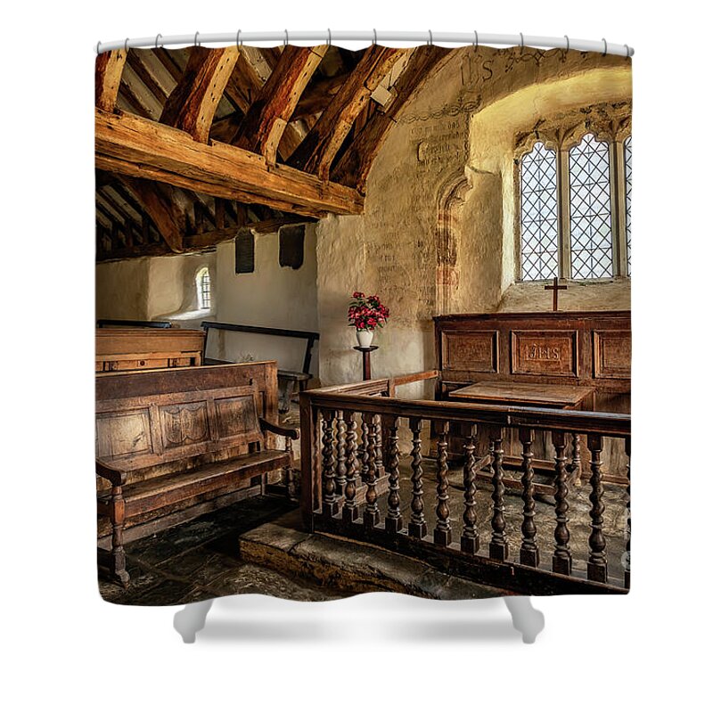 Ancient Chapel Shower Curtain featuring the photograph Llangelynnin Church by Adrian Evans