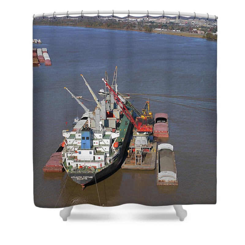 Mississippi River Shower Curtain featuring the photograph Loading barges from a ship in New Orleans by Garry McMichael