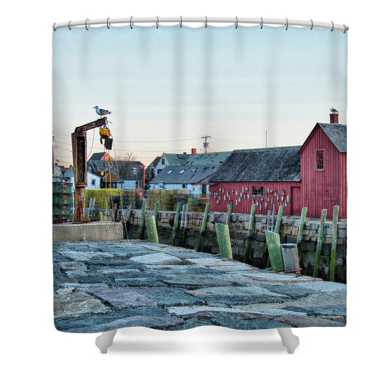 #jefffolger Shower Curtain featuring the photograph Lobster pots on Rockports T wharf by Jeff Folger