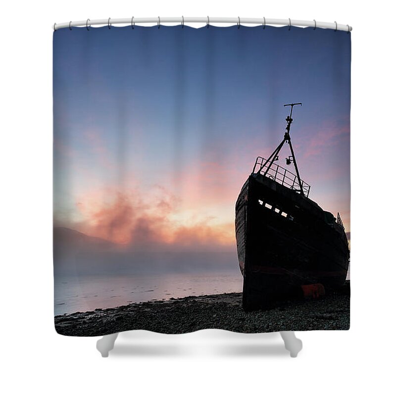 Sunset Shower Curtain featuring the photograph Loch Linnhe Misty Shipwreck by Grant Glendinning