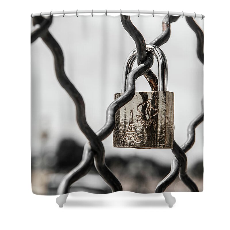 Heart Shower Curtain featuring the photograph Locked in Paris by Helen Jackson