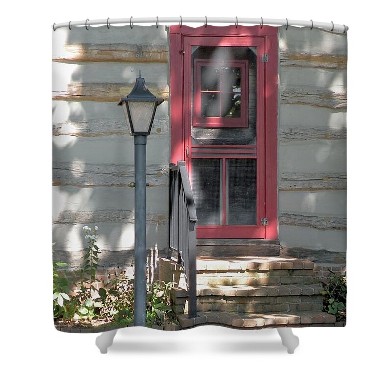 Log Cabin Shower Curtain featuring the photograph Log Cabin Door in Lewes Delaware by Kim Bemis