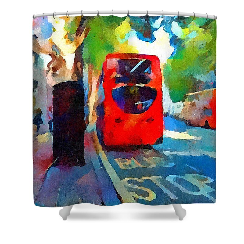 London Shower Curtain featuring the digital art London bus stop by Yury Malkov