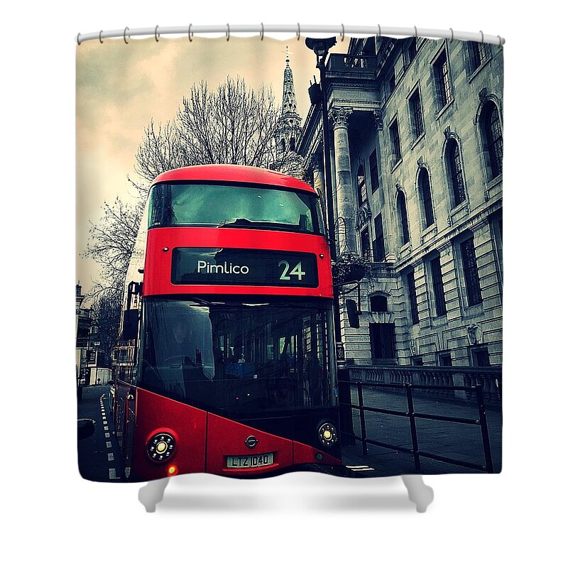 London Shower Curtain featuring the photograph London Bus, Trafalgar Square by Liza Jane