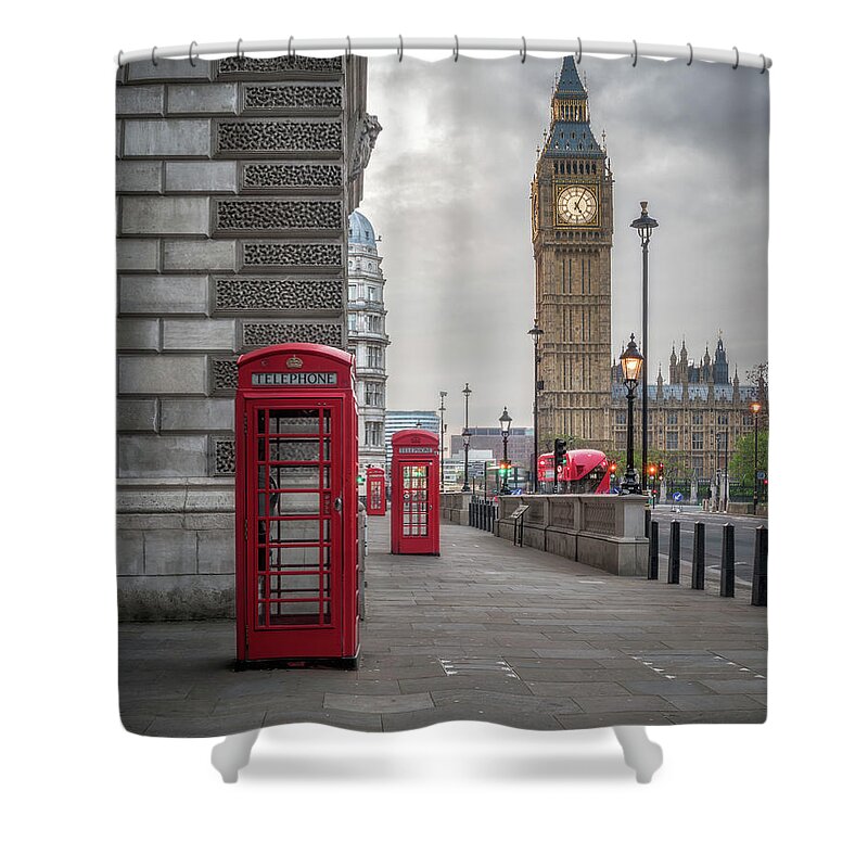London Shower Curtain featuring the photograph London Phone Booths and Big Ben by James Udall