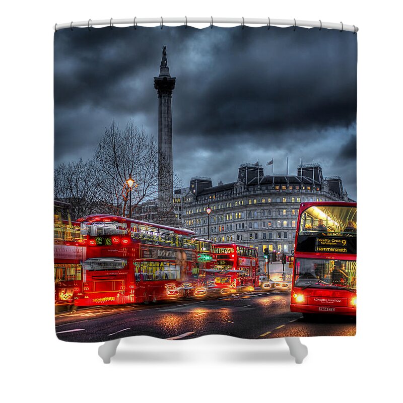 London Red Buses Shower Curtain featuring the photograph London red buses by Jasna Buncic