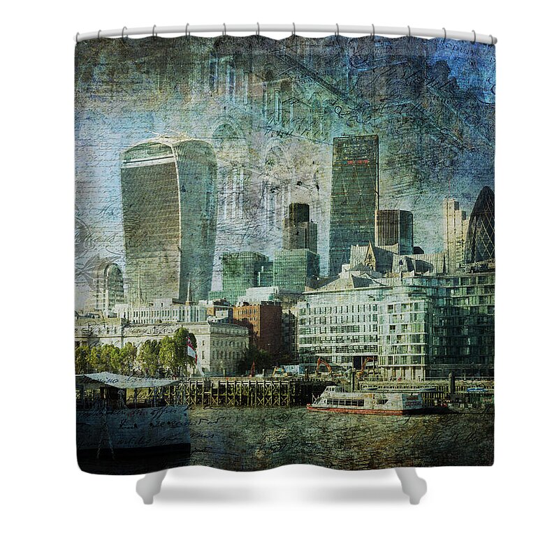 City-landscape Shower Curtain featuring the digital art London Skyline Key of Blue by Nicky Jameson