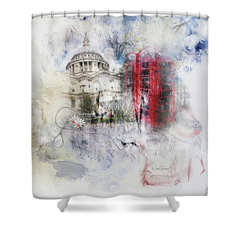 Britain Shower Curtain featuring the digital art London's Ephemera by Nicky Jameson