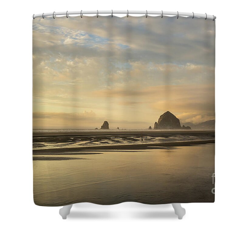 Cannon Beach Shower Curtain featuring the photograph Sunset at Haystack rock by Paul Quinn