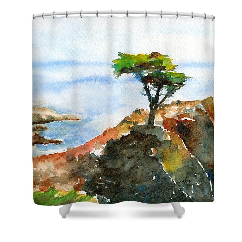 Lone Cypress Shower Curtain featuring the painting Lone Cypress Pebble Beach Fog by Carlin Blahnik CarlinArtWatercolor