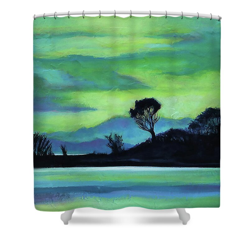 Art Shower Curtain featuring the painting Lone Tree on the Salish Sea by Angela Treat Lyon