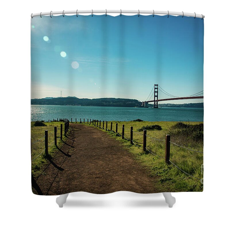 Bridge Shower Curtain featuring the photograph Lonely path with the golden gate bridge in the background by Amanda Mohler