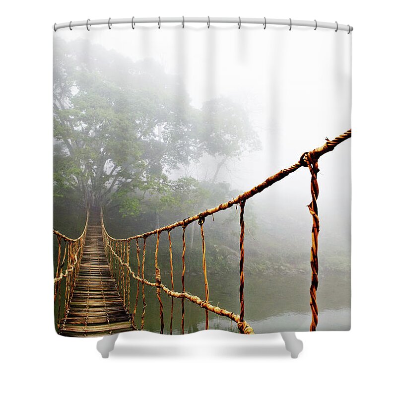 Jungle Journey Shower Curtain featuring the photograph Long Rope Bridge by Skip Nall