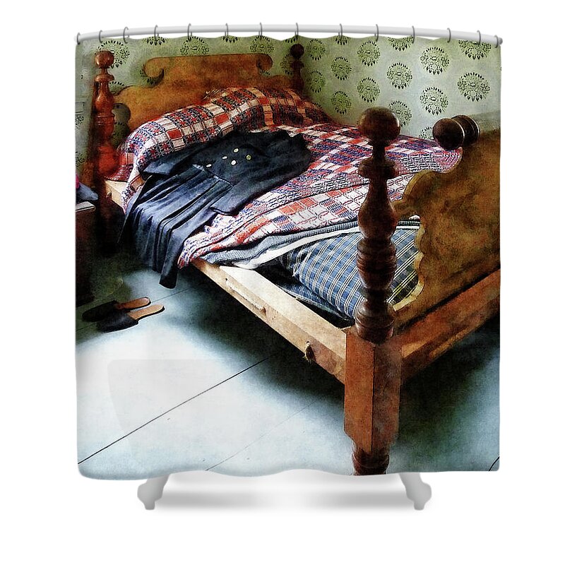Long Sleeves Shower Curtain featuring the photograph Long Sleeved Dress on Bed by Susan Savad