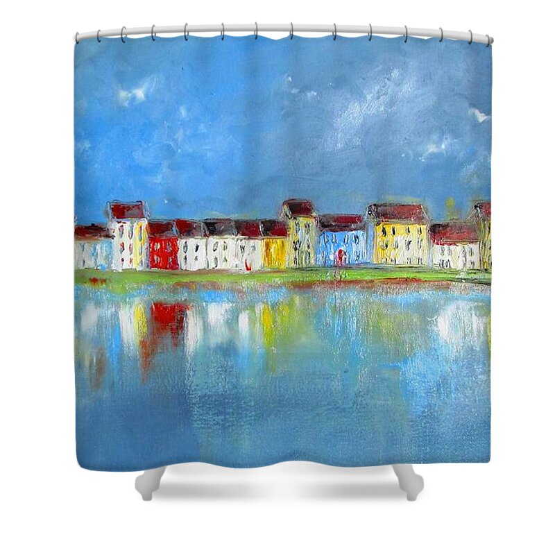 Galway-ireland Shower Curtain featuring the painting Long Walk Galway Ireland by Mary Cahalan Lee - aka PIXI