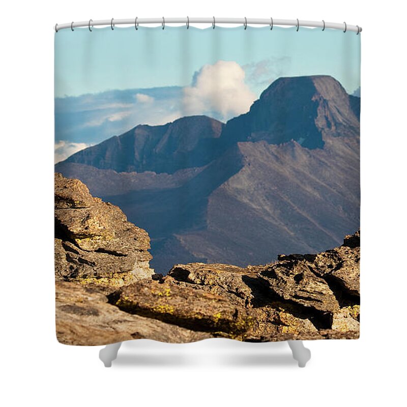 Longs Peak Shower Curtain featuring the photograph Long's Peak View by Bon and Jim Fillpot