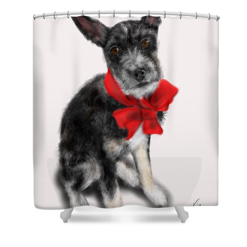 Christmas Shower Curtain featuring the painting Look What They Make Me Do by Lois Ivancin Tavaf