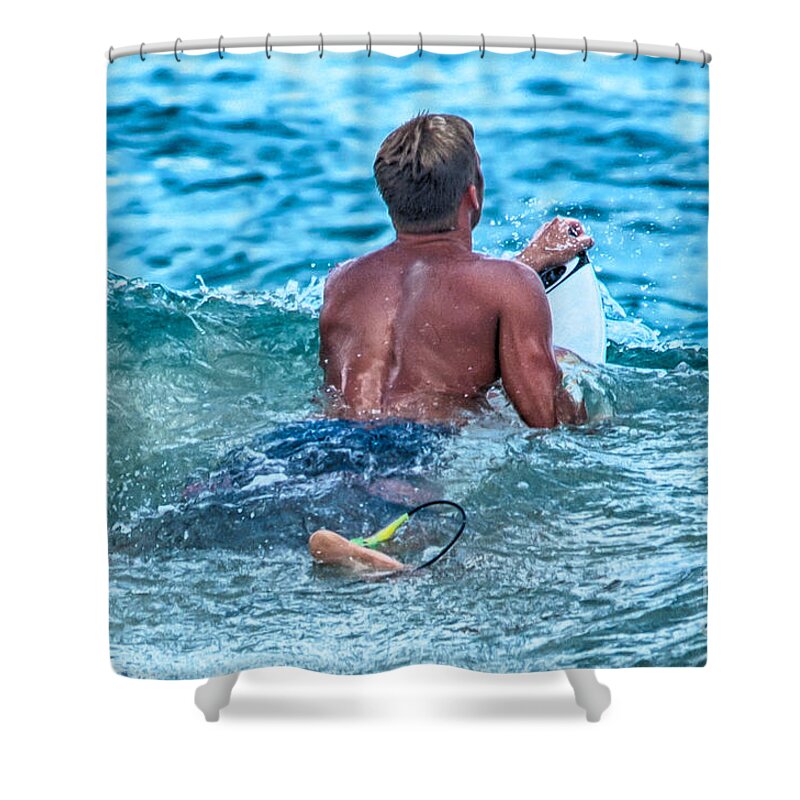 A Surfer Waits And Looks For The Next Wave To Ride. Shower Curtain featuring the photograph In The Lineup by Eye Olating Images