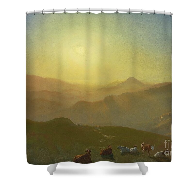 Albert_bierstadt_-_looking_from_the_shade_on_clay_hill_(1873). Hills Shower Curtain featuring the painting Looking from the Shade on Clay Hill by MotionAge Designs