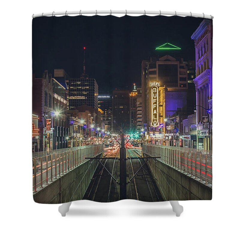 Buffalo Shower Curtain featuring the photograph Looking south on Main Street in Buffalo at night by Jay Smith
