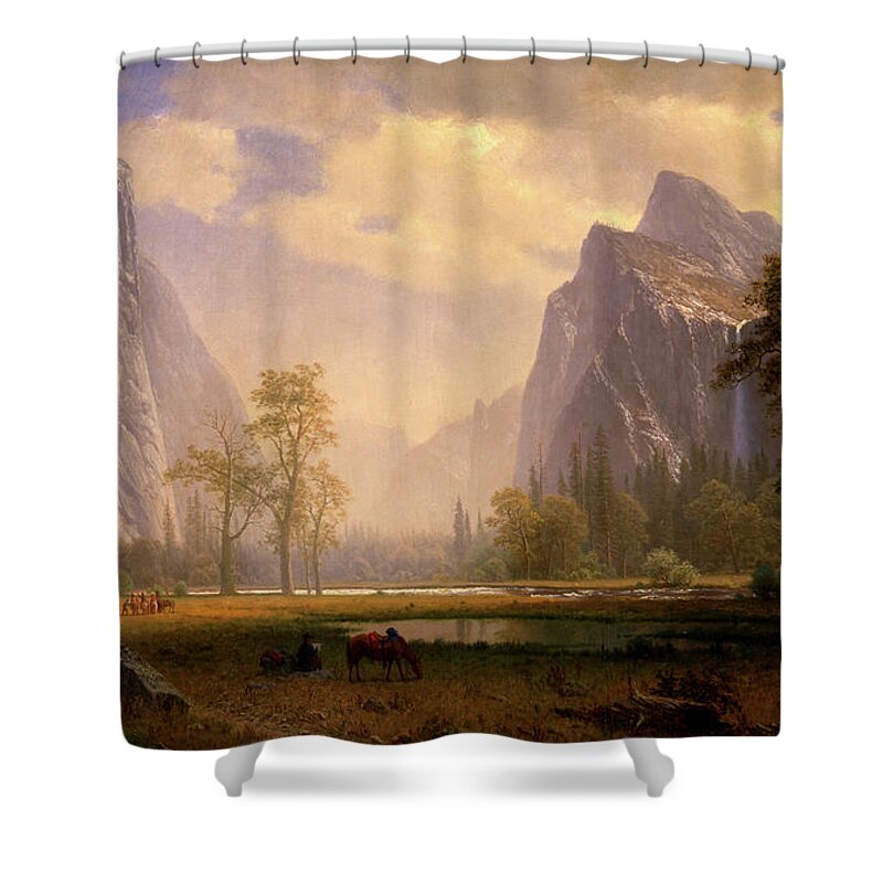 Looking Shower Curtain featuring the painting Looking Up the Yosemite Valley by Albert Bierstadt