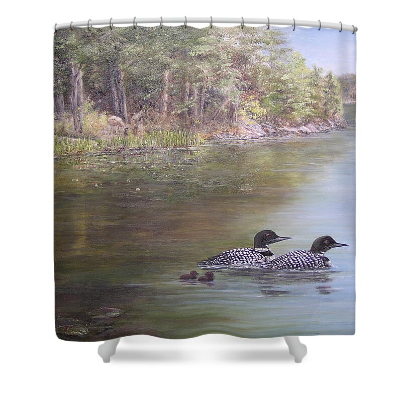 Loon Shower Curtain featuring the painting Loon Family 1 by Jan Byington