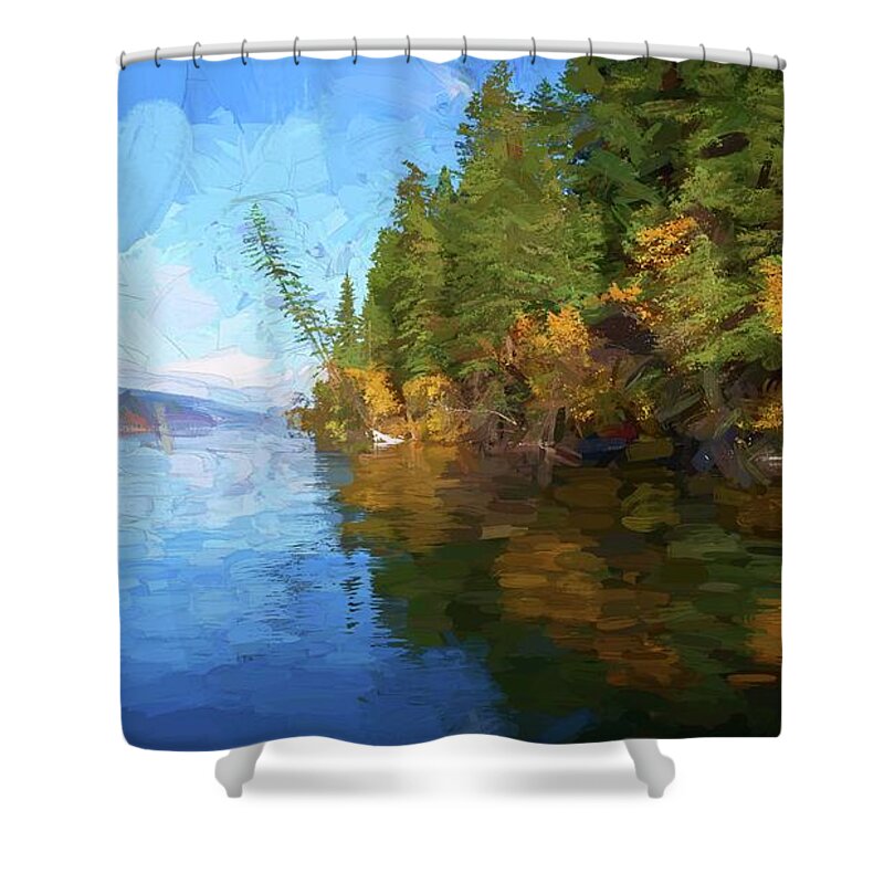 Photopainting Shower Curtain featuring the photograph Loon Lake Autumn Oil Painting by Allan Van Gasbeck