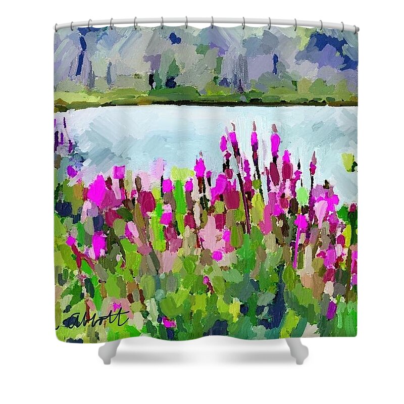 Pond Shower Curtain featuring the photograph Loosestrife blooming at Sleepy Hollow Pond by Melissa Abbott