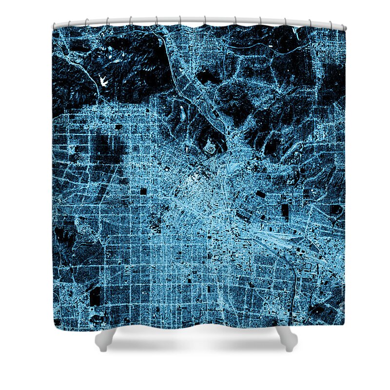 Los Angeles Shower Curtain featuring the digital art Los Angeles Abstract City Map Top View Dark by Frank Ramspott
