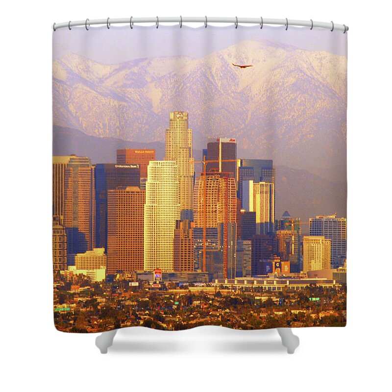 Los Shower Curtain featuring the photograph Los Angeles and the San Gabriel Mountains by James Kirkikis