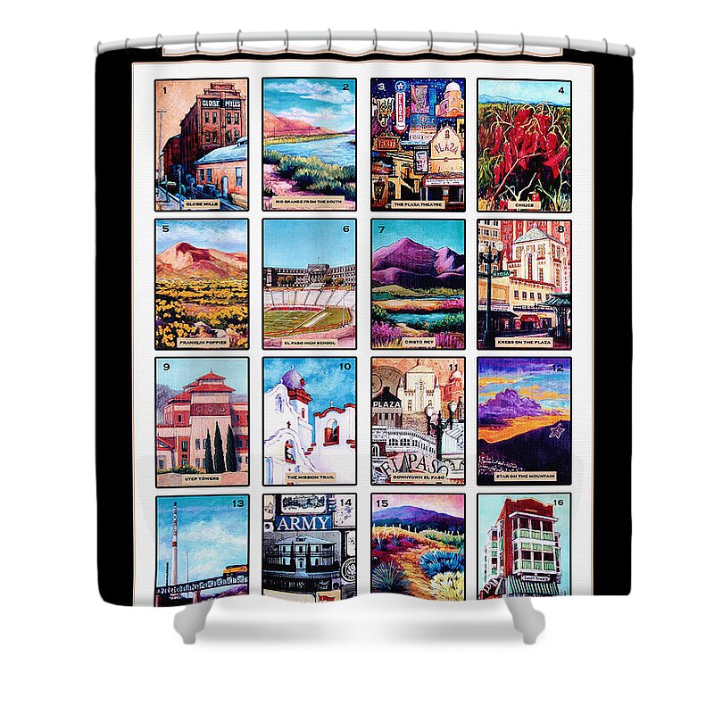 El Paso Tx Shower Curtain featuring the mixed media Loteria El Paso by Candy Mayer