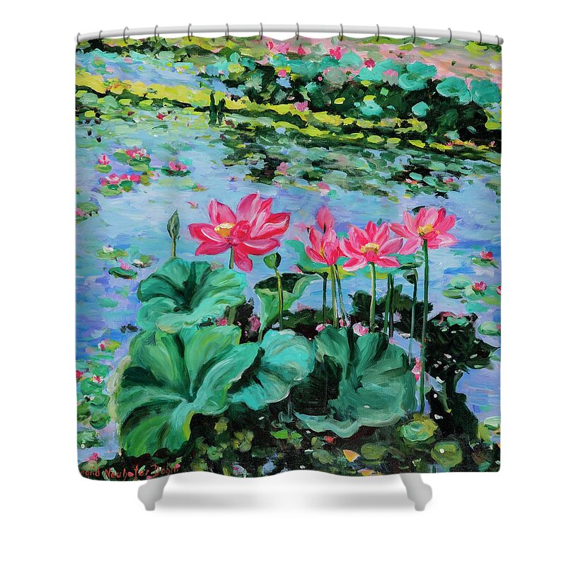 Landscape Shower Curtain featuring the painting Lotus by Ingrid Dohm