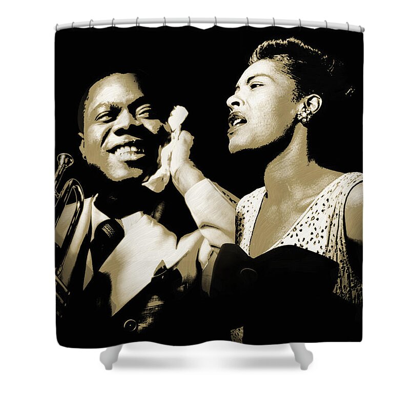 Jazz Shower Curtain featuring the digital art Louis Armstrong and Billie Holiday Portrait by M Spadecaller