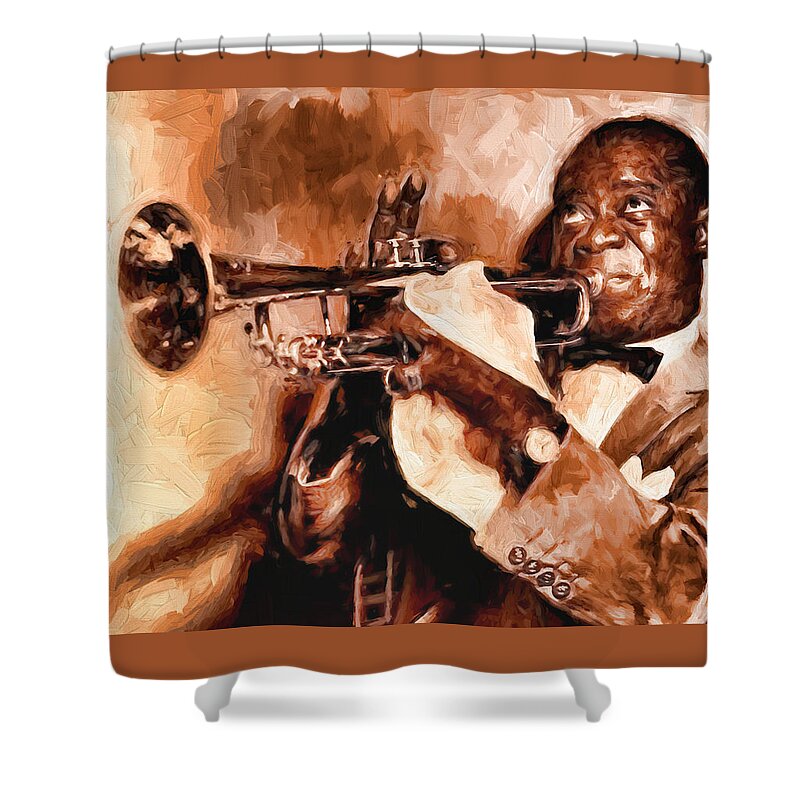 Louis Armstrong # Satchmo # Jazz Music # Trumpet # Jazz Art # Jazz Canvas Prints # Swing # Scat # Famous Trumpet Players # Jazz Swing Art # Shower Curtain featuring the painting Louis Armstrong by Louis Ferreira