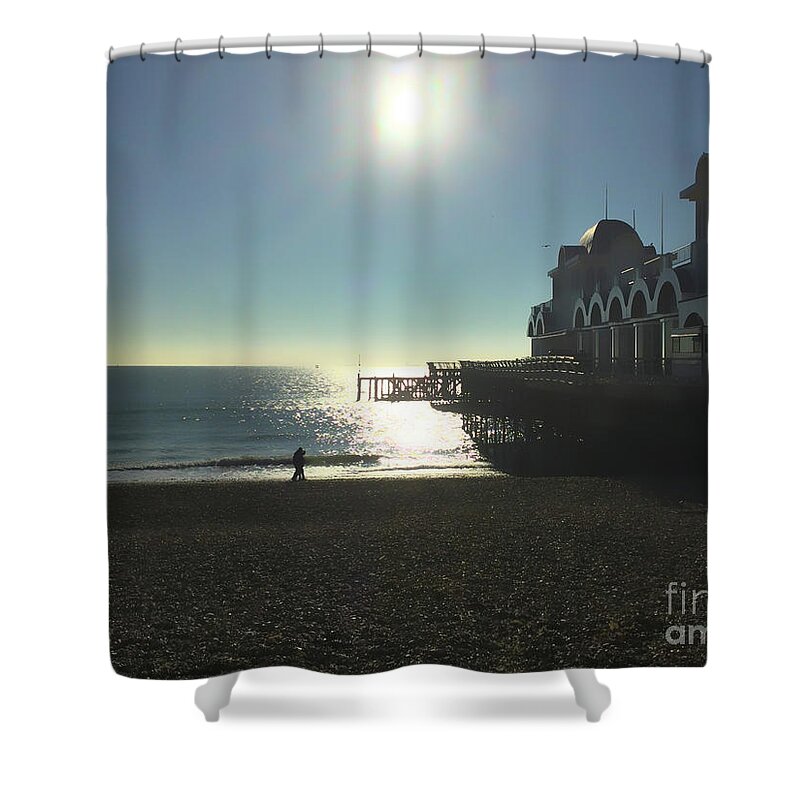 Sun Shower Curtain featuring the digital art Love in Southsea by Andrew Middleton