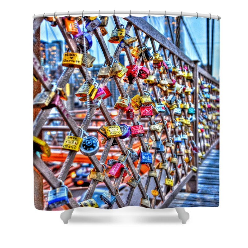 Love Locks Shower Curtain featuring the photograph Love Locks on the Brooklyn Bridge Too by Randy Aveille