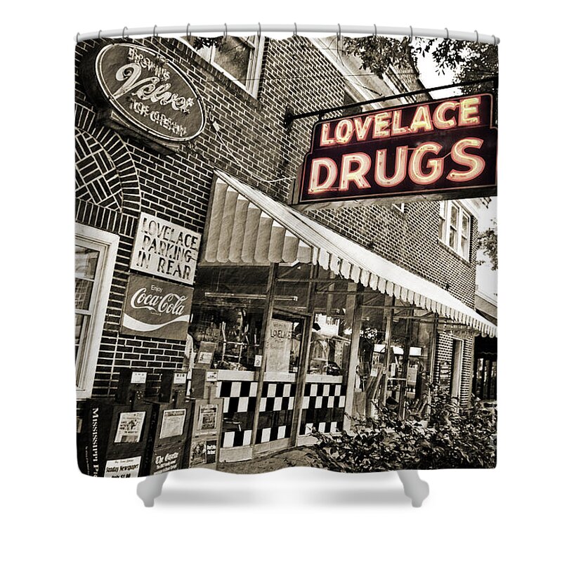 Ocean Springs Shower Curtain featuring the photograph Lovelace Drugs by Scott Pellegrin