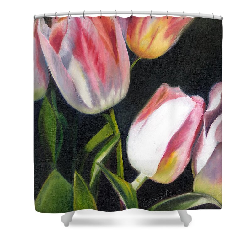 Soft Pink Petals. Tulips With Soft Cream Toned Yellows Shower Curtain featuring the painting Lovely in Pink by Sherri Dauphinais