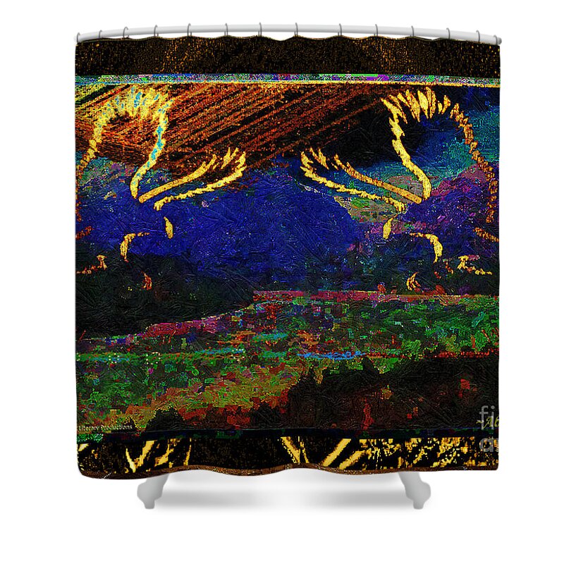 Gold Shower Curtain featuring the mixed media Lovers Dancing in the Golden Light of Dawn by Aberjhani