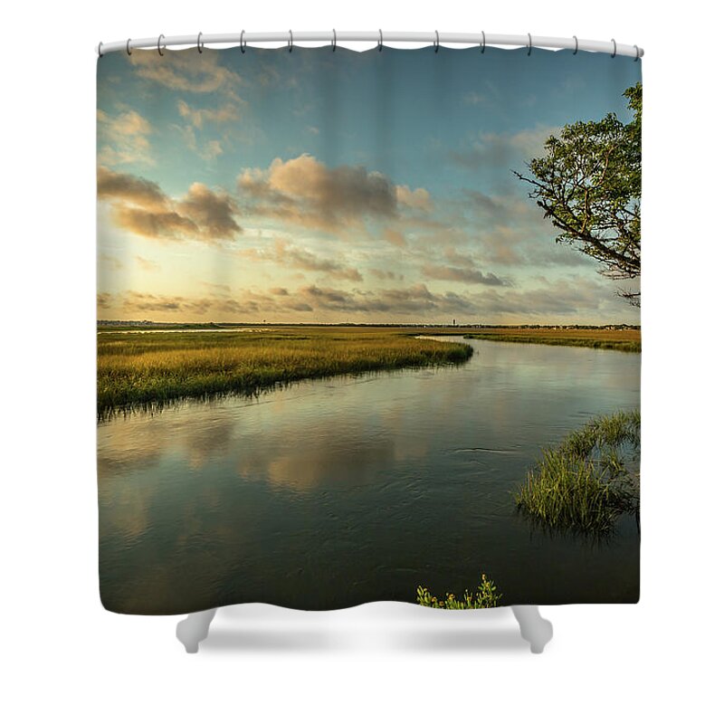 Lowcountry Shower Curtain featuring the photograph Pitt Street Bridge Creek Sunrise by Donnie Whitaker