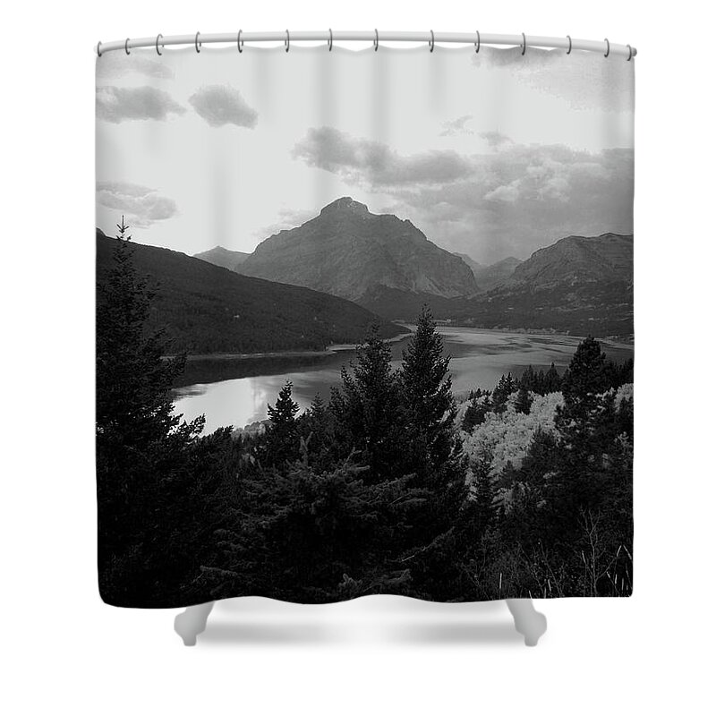 Two Medicine Lake Shower Curtain featuring the photograph Lower Two Medicine Lake in Black and White by Tracey Vivar
