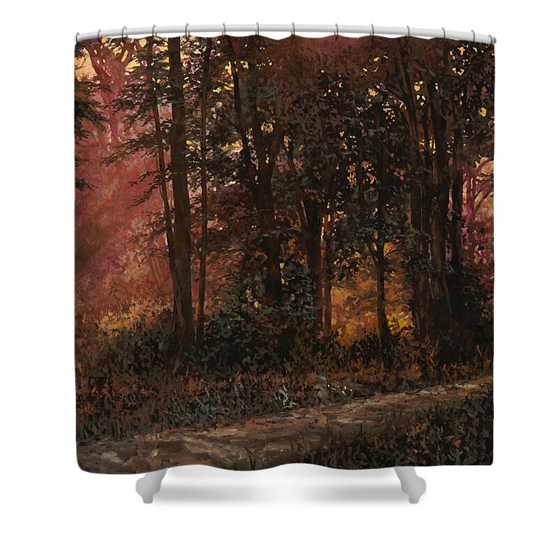 Wood Shower Curtain featuring the painting Luci Rosa Nel Bosco by Guido Borelli