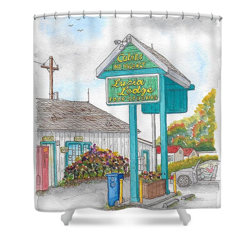 Lucia Shower Curtain featuring the painting Lucia Lodge in Lucia, California by Carlos G Groppa