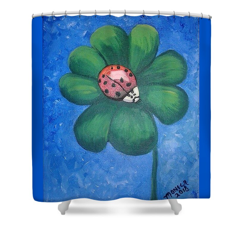 Ladybug Shower Curtain featuring the painting Lucky Ladybug on 4-Leaf Clover by Monica Resinger